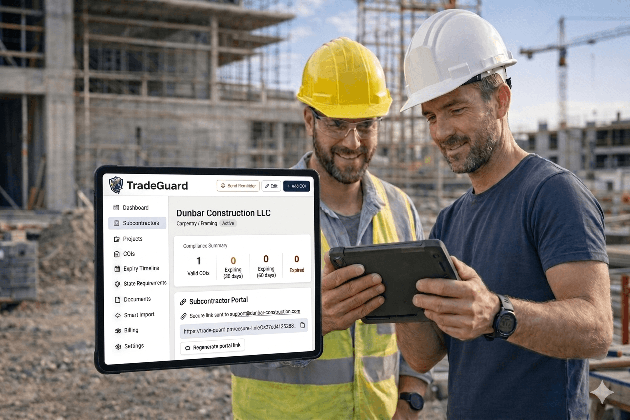 TradeGuard compliance dashboard — COIs, documents, and subcontractor roster
