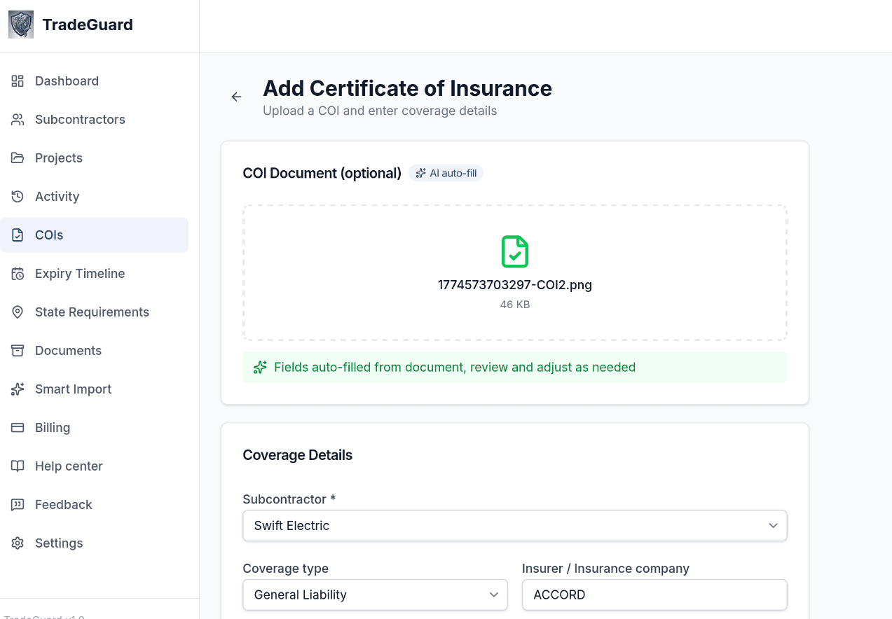 TradeGuard COI upload screen showing automatic extraction of insurer, coverage types, limits, and expiration date from a PDF