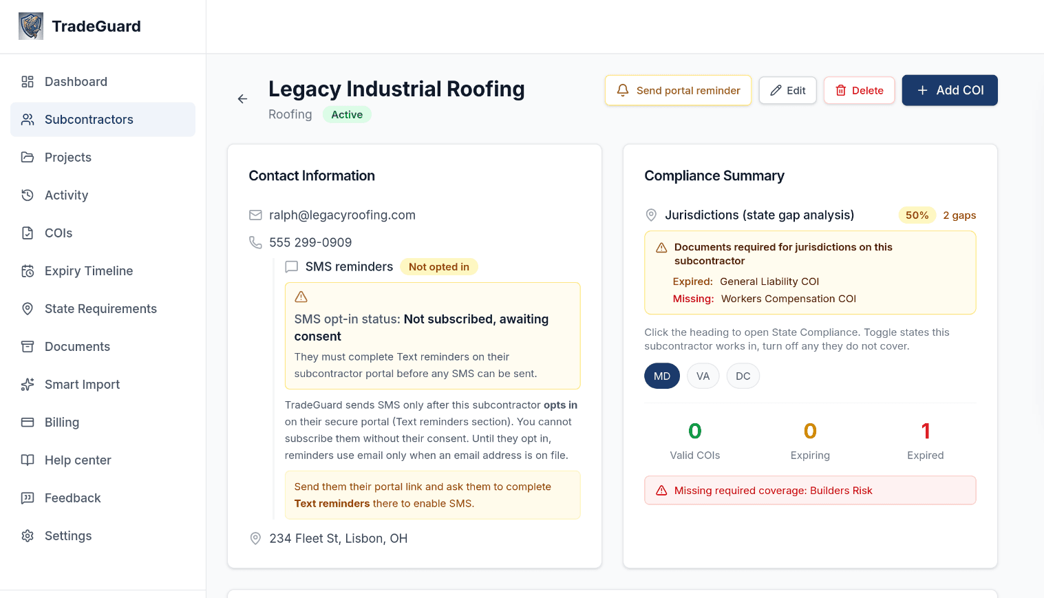 TradeGuard subcontractor compliance summary showing gap analysis and missing documents