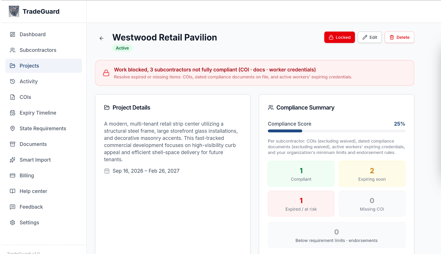 TradeGuard locked project showing compliance status per subcontractor before breaking ground